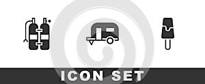 Set Aqualung, Rv Camping trailer and Ice cream icon. Vector