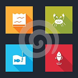 Set Aquarium, Crab, Fishing hook with fish and lure icon. Vector