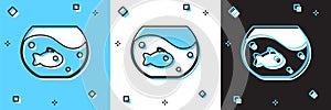 Set Aquarium with fish icon isolated on blue and white, black background. Round glass aquarium. Aquarium for home and