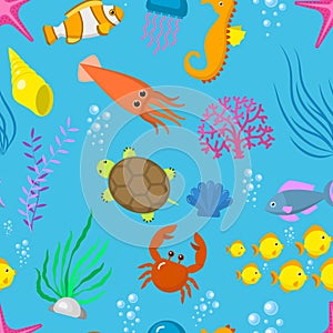 Set aquatic funny sea animals vector underwater creatures cartoon characters shell aquarium sealife seamless pattern