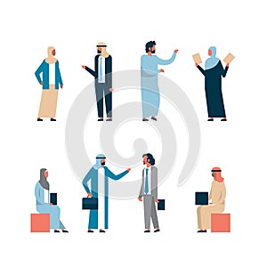 Set arab business people different clothes gestures communication concept man woman cartoon character silhouette