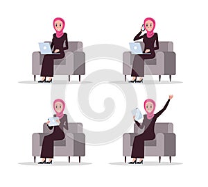 Set of Arab business woman using smart device on sofa.
