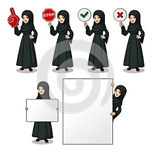Set of Arab businesswoman in black dress holding sign board