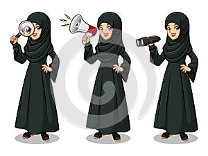 Set of Arab businesswoman in black dress looking for poses