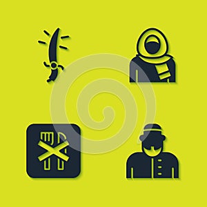 Set Arabian saber, Muslim man, Ramadan fasting and woman hijab icon. Vector