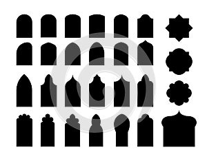 Set arabic arch window and doors. Traditional design and culture vector shape. Ramadan kareem silhouette icon