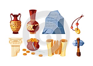 Set of archeology artifacts ancient. Amphora, papyrus script, cave drawings, ax, pot of gold coins, whole and cracked vases,