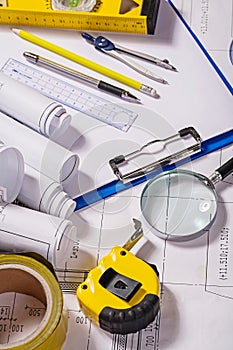 Set of architect tools on blueprint