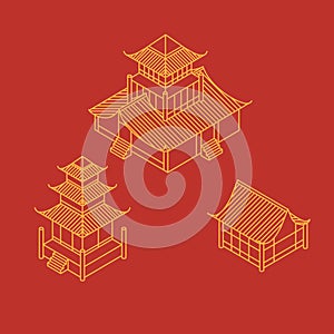 A set of architectural elements in Oriental style. Outline Isometric Pagoda house. Chinese and japanese landmark.