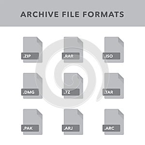 Set of archive File Formats and Labels in flat icons style. Vector illustration