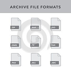Set of archive File Formats and Labels in flat icons style. Vector illustration