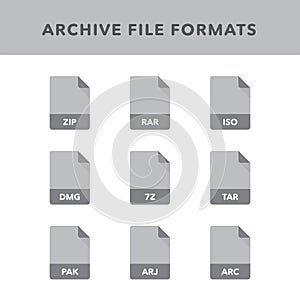 Set of archive File Formats and Labels in flat icons style. Vector illustration