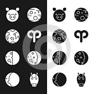 Set Aries zodiac, Planet Earth, Pig, Mars, Eclipse of the sun, Horse and icon. Vector