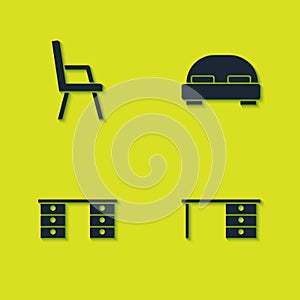 Set Armchair, Office desk, and Big bed icon. Vector