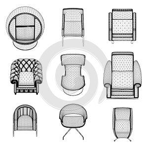 Set of armchairs and chairs wireframes from black lines isolated on white background. Front view. 3D. Vector