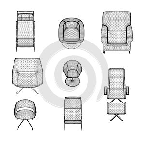 Set of armchairs and chairs wireframes from black lines isolated on white background. Front view. 3D. Vector