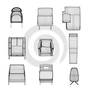 Set of armchairs and chairs wireframes from black lines isolated on white background. Front view. 3D. Vector