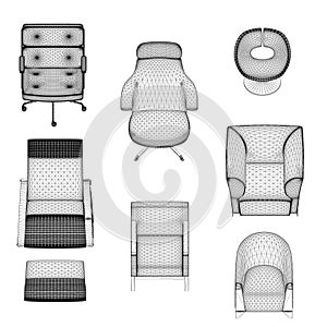 Set of armchairs and chairs wireframes from black lines isolated on white background. Front view. 3D. Vector