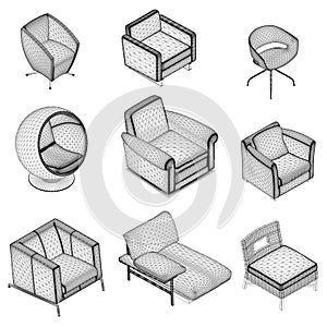 Set of armchairs and chairs wireframes from black lines isolated on white background. Isometric view. 3D. Vector