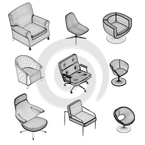 Set of armchairs and chairs wireframes from black lines isolated on white background. Isometric view. 3D. Vector