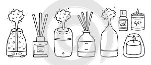 Set of aroma diffusers in doodle style. Collection of linear diffusers isolated on a white background.