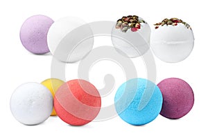 Set with aromatic bath bombs on white background