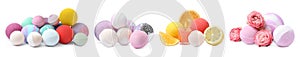 Set with aromatic bath bombs on white background. Banner design