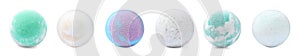 Set with aromatic bath bombs on white background. Banner design