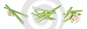 Set with aromatic fresh lemongrass on white, top view. Banner design