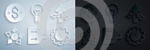 Set Arrow, Many ways directional arrow, Wrench and gear, Light bulb and Dollar symbol icon. Vector