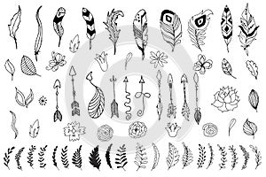 Set of arrows, flowers, leaves and feathers in native indian style.