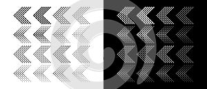 Set of arrows with halftone effect. Black figures on a white background and an equally white figures on the black side