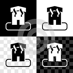 Set Arson home icon isolated on black and white, transparent background. Fire in building. Flames from office windows