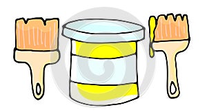Set of art brushes and a jar of hand-drawn paint. Vector doodle isolated