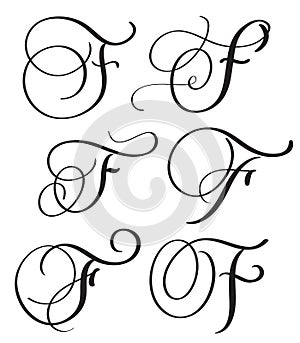 Set of art calligraphy letter F with flourish of vintage decorative whorls. Vector illustration EPS10