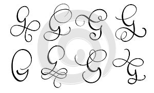 Set of art calligraphy letter G with flourish of vintage decorative whorls. Vector illustration EPS10