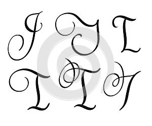 Set of art calligraphy letter I with flourish of vintage decorative whorls. Vector illustration EPS10