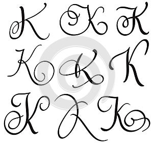 Set of art calligraphy letter K with flourish of vintage decorative whorls. Vector illustration EPS10