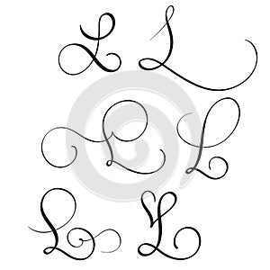 Set of art calligraphy letter L with flourish of vintage decorative whorls. Vector illustration EPS10