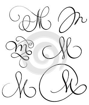 Set of art calligraphy letter M with flourish of vintage decorative whorls. Vector illustration EPS10