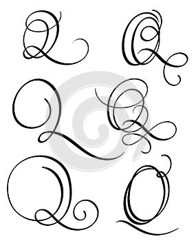 Set of art calligraphy letter Q with flourish of vintage decorative whorls. Vector illustration EPS10