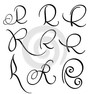 Set of art calligraphy letter R with flourish of vintage decorative whorls. Vector illustration EPS10