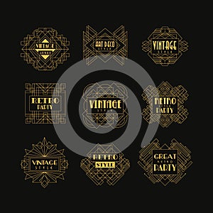 Set of Art Deco badges. Decorative golden frames in vintage style. Luxury linear emblems. Vector design for hotel logo
