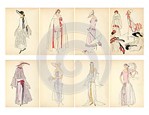Set of 8 Art Deco Era Flapper Women's Fashion Plate Cards photo