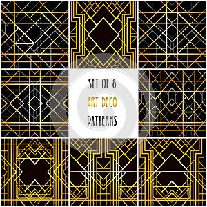 Set of 8 art deco geometric borders and seamless patterns.