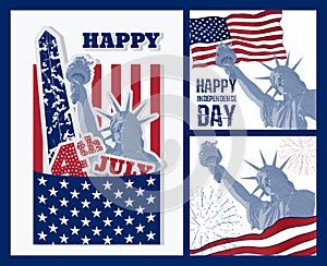 Set of art design of Statue of Liberty with american flag. Design for fourth july celebration USA. American symbol.