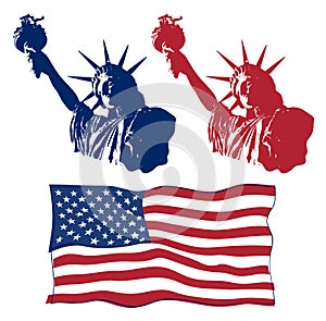 Set of art design of Statue of Liberty with american flag. Design for fourth july celebration USA. American symbol.