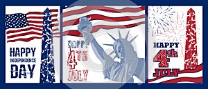 Set of art design of Statue of Liberty with american flag.