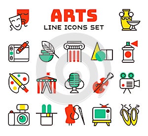 Set of art icons in flat design camera picture brush palette entertainment symbols and artist ink graphic color