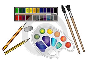 Set of art materials, stationery, watercolor paints and brushes, a palette of paints, an eraser and pencils.